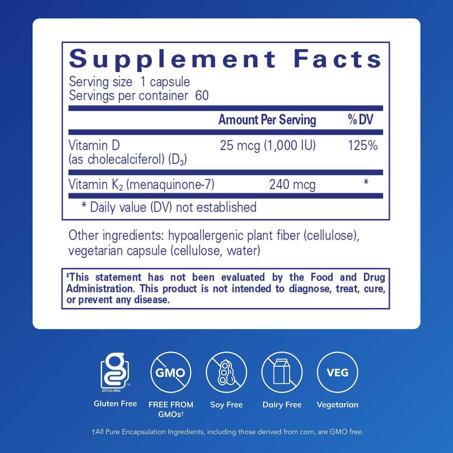 Ingredients list showing vitamin K2 (MK-7) and vitamin D3 (D3) for PureHeart K2D