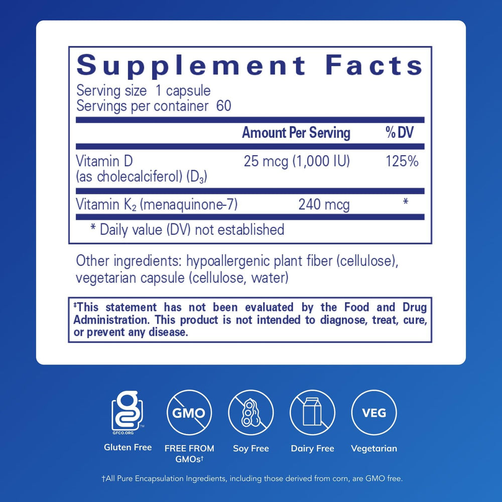Ingredients list showing vitamin K2 (MK-7) and vitamin D3 (D3) for PureHeart K2D