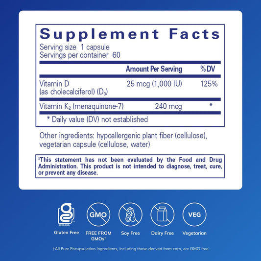 Ingredients list showing vitamin K2 (MK-7) and vitamin D3 (D3) for PureHeart K2D
