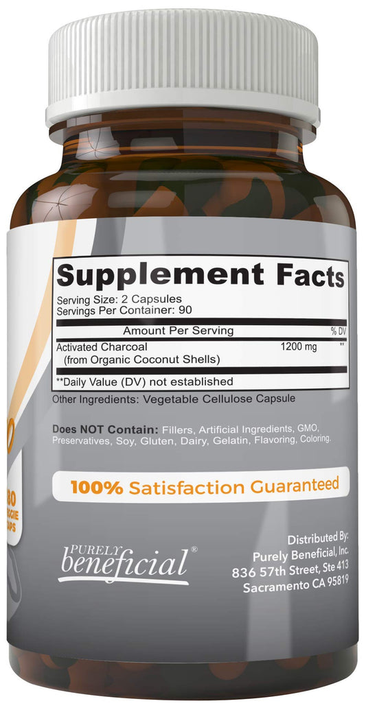 Packaging of Purely Beneficial coconut charcoal capsules showing 180-count