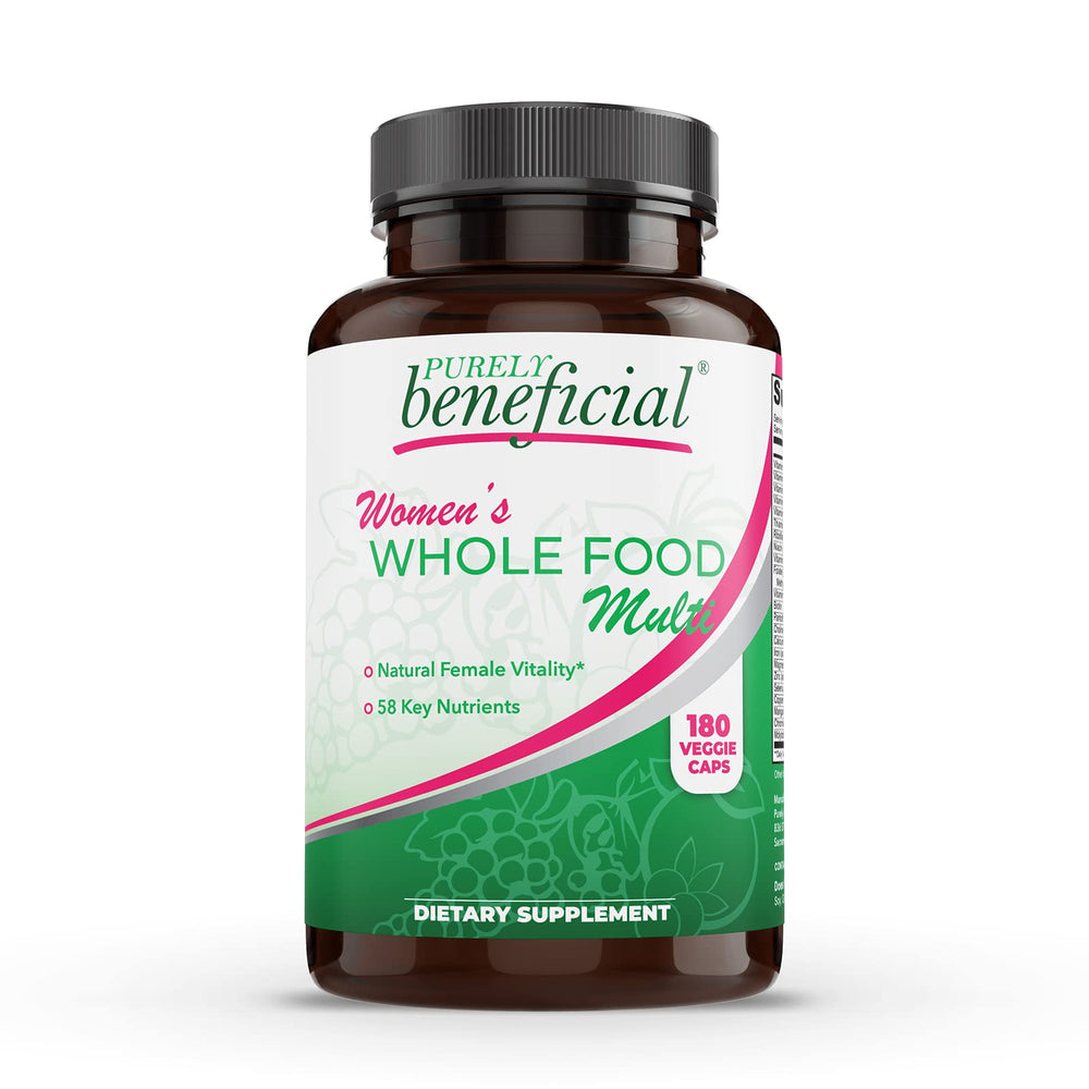 Bottle of PURELY Beneficial Women’s Whole Food Multivitamin with 180 capsules