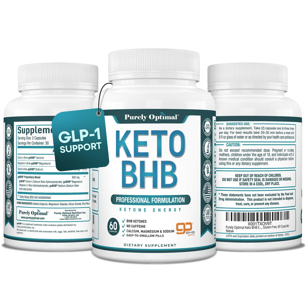 Bottle of Purely Optimal Keto BHB Capsules on white background
