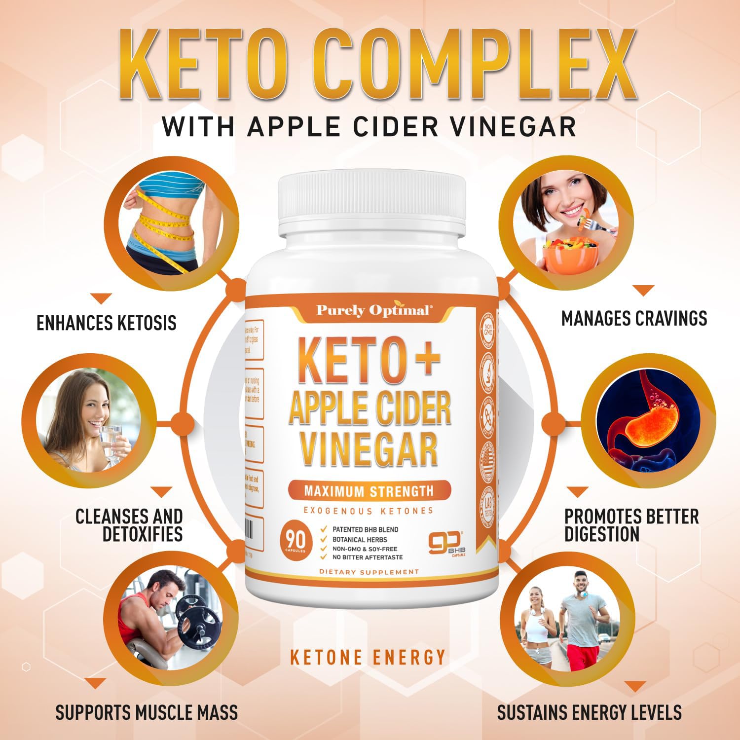 Purely Optimal label ingredient list showing BHB, ACV with the mother, and botanicals