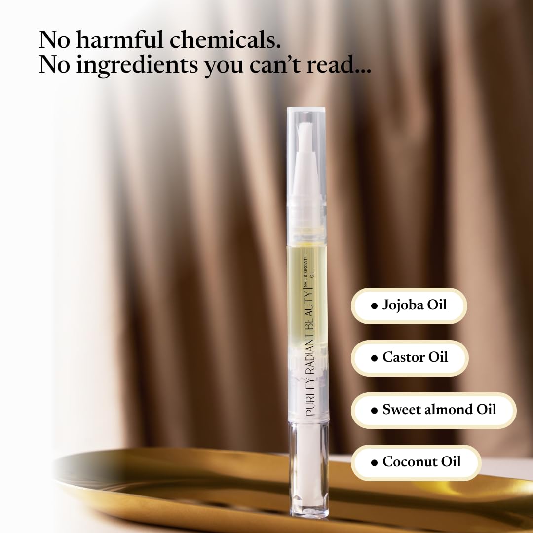 Purely Radiant Nail Growth Oil ingredients close-up with jojoba and argan oils