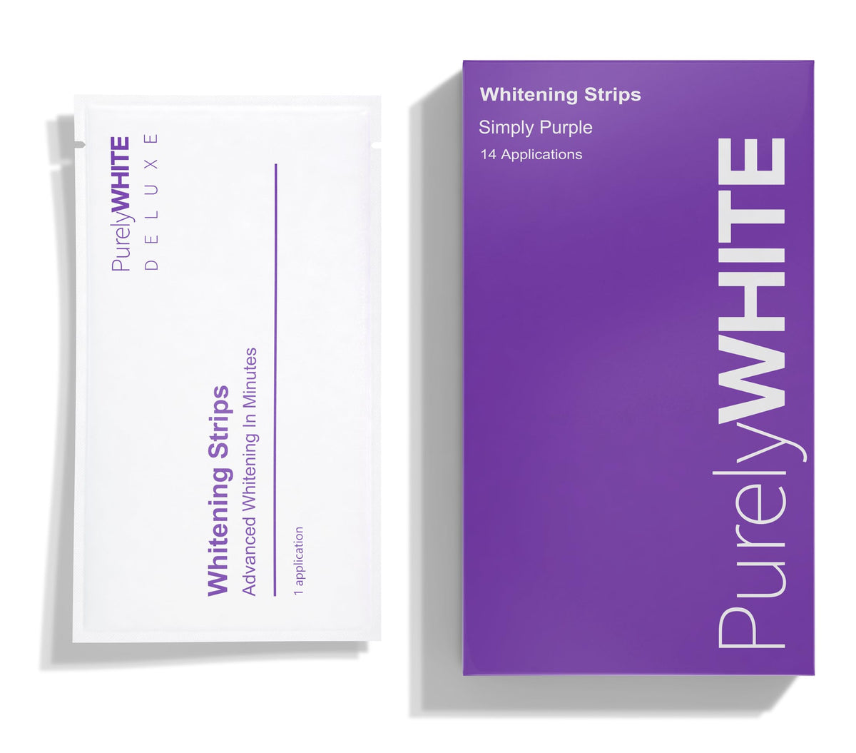 PurelyWHITE Purple Whitening Strips pack on a clean surface