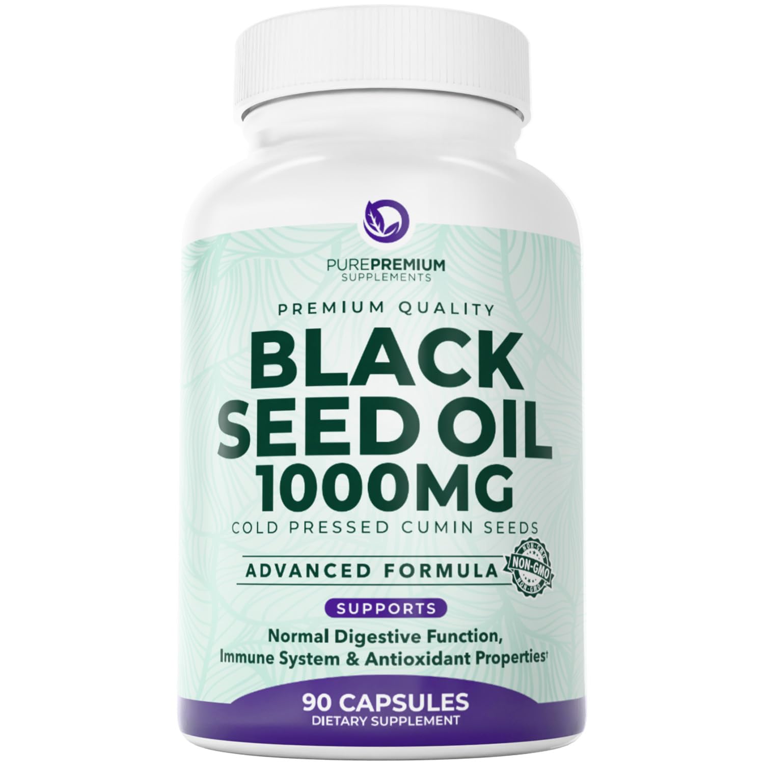 Bottle of PurePremium Black Seed Oil 500mg capsules with label