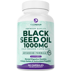 Bottle of PurePremium Black Seed Oil 500mg capsules with label