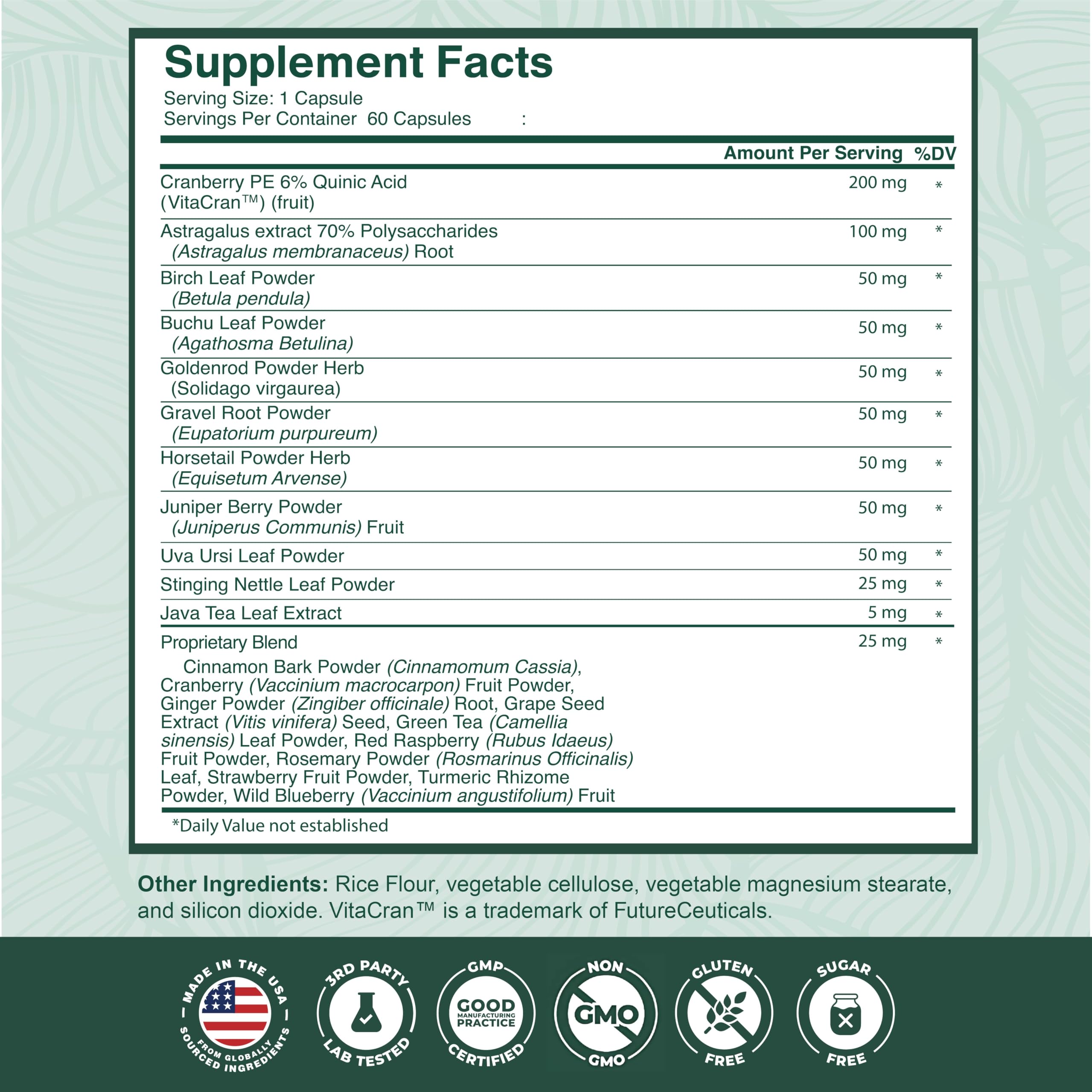 Close-up of cranberry extract and herbal ingredients for kidney health