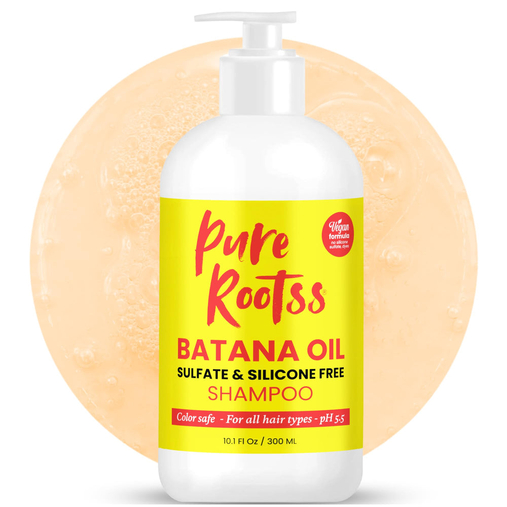 PureRootss Batana Oil Shampoo bottle with premium packaging for fuller-looking hair