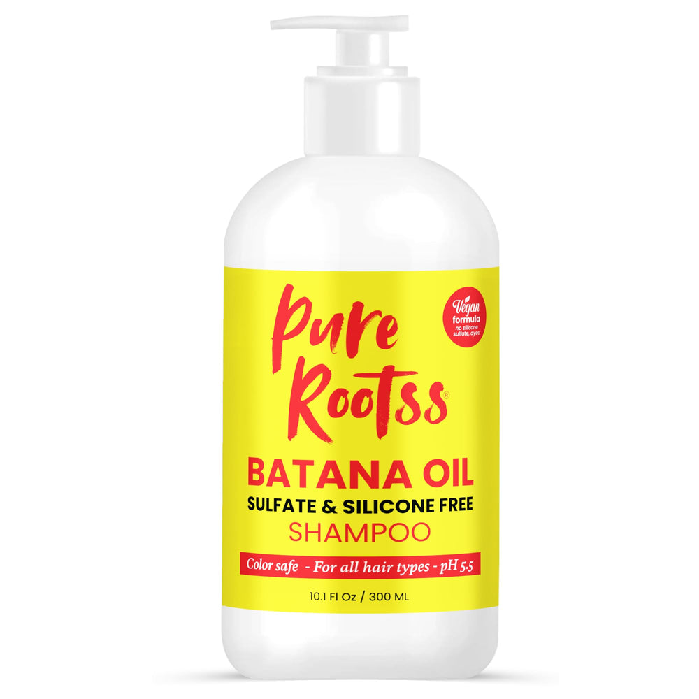 PureRootss Batana Oil Shampoo beside color-treated hair to support gentler care