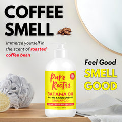PureRootss Batana Oil Shampoo on a bathroom shelf ready for daily use