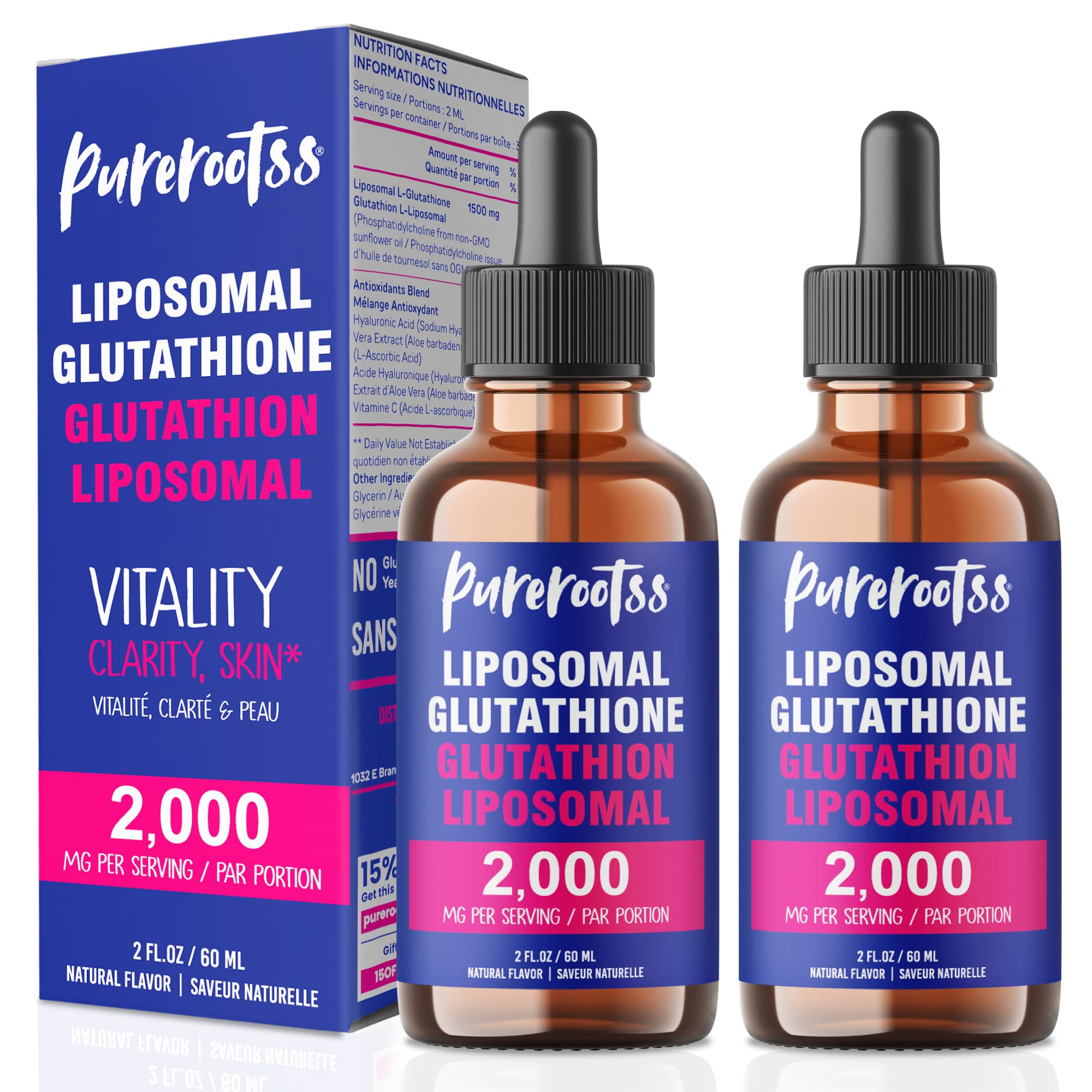 Front view of PureRootss Liposomal Glutathione Liquid Supplement Pack of 2