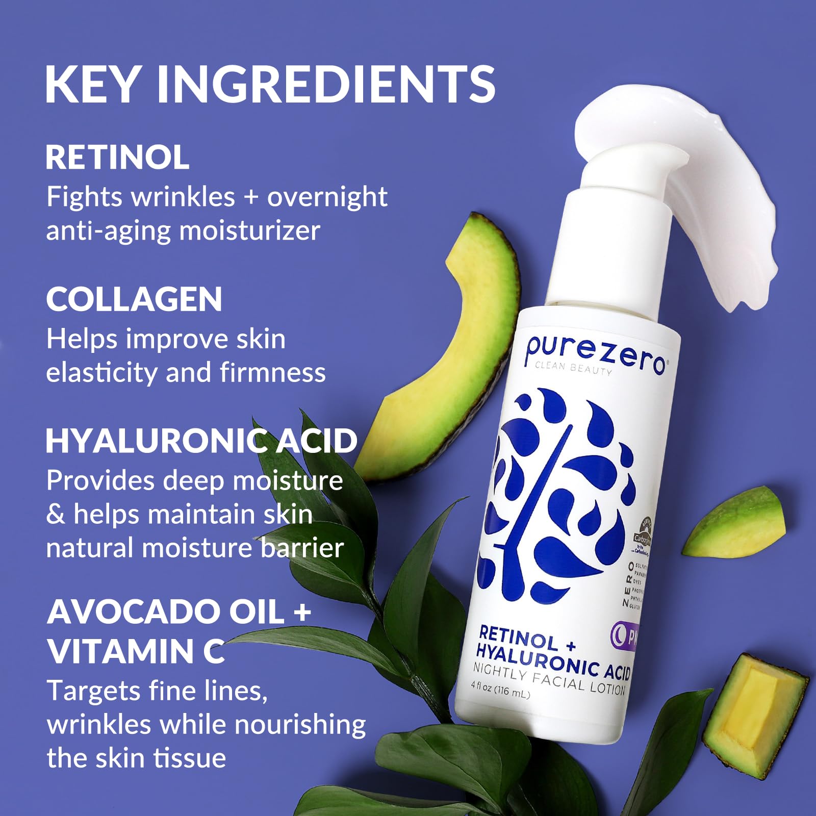 Bottle dispensing Purezero night cream illustrating easy nightly application