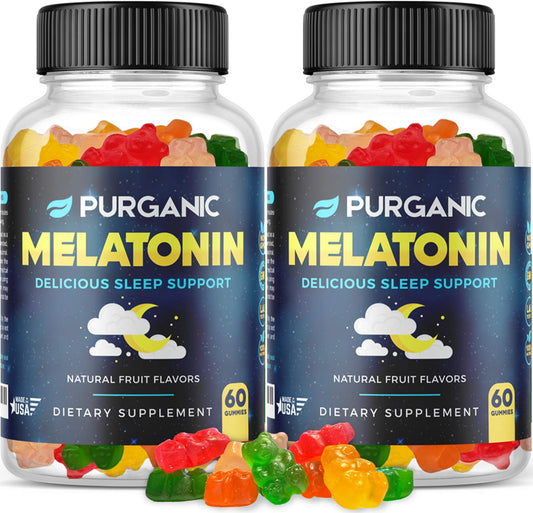 Purganic Melatonin Gummies 2-Pack bottle label with assorted fruit flavors