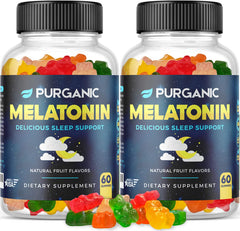 Purganic Melatonin Gummies 2-Pack bottle label with assorted fruit flavors