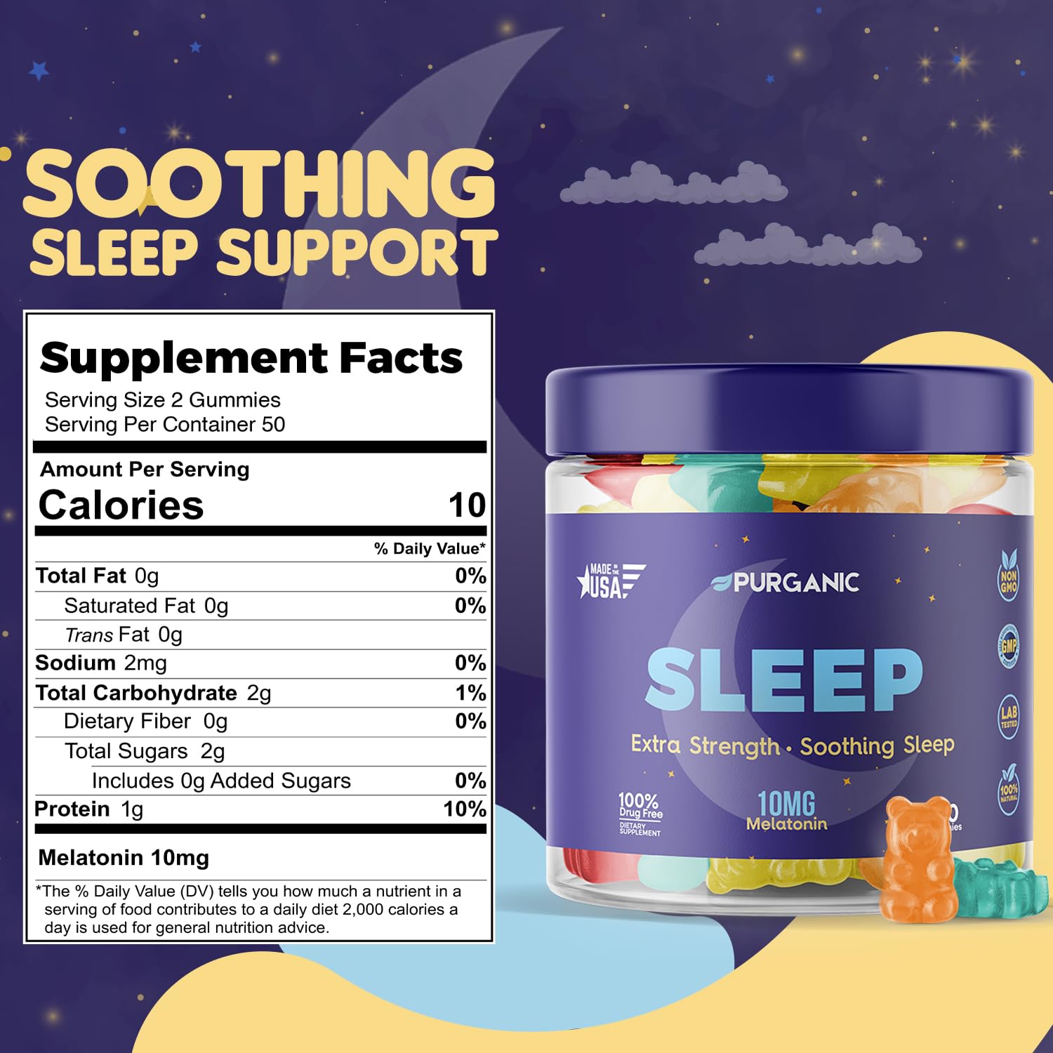 Label close-up of Purganic Melatonin Gummies bottle