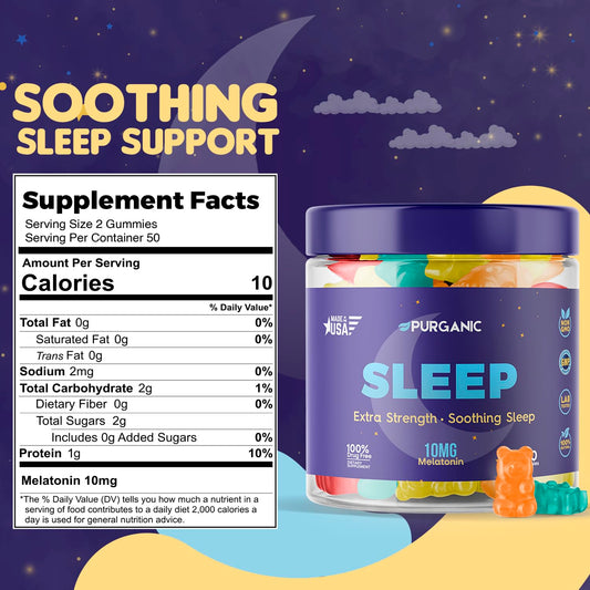 Label close-up of Purganic Melatonin Gummies bottle