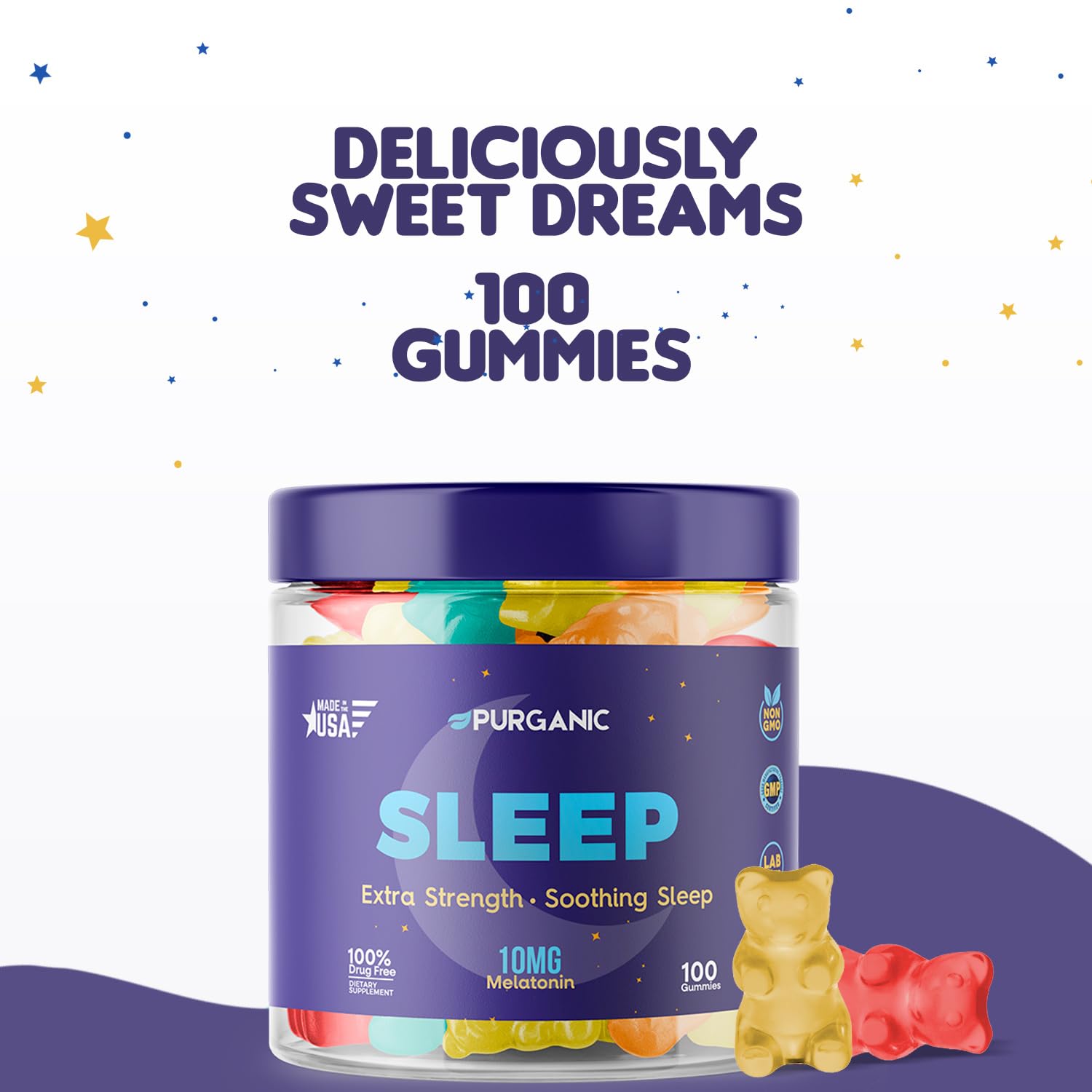 Purganic Melatonin Gummies for Sleep arranged on a surface