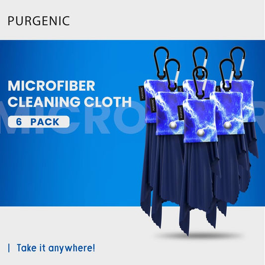 Open travel pouch with six microfiber cloths and carabiner clip