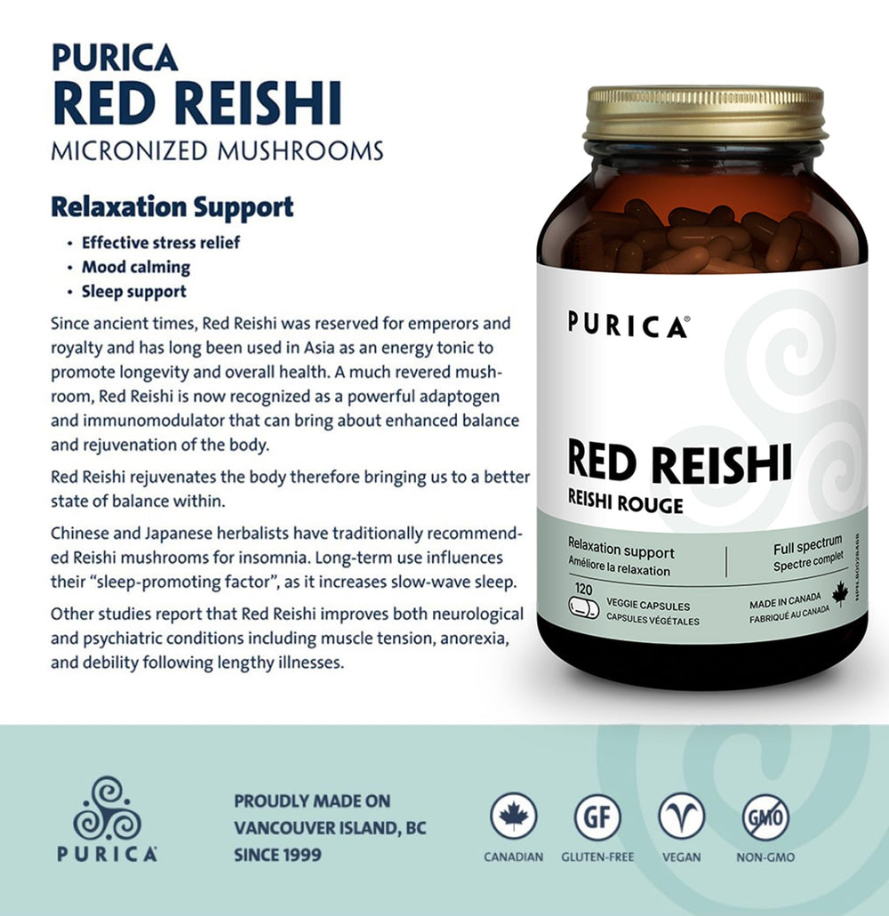 Side view of PURICA Red Reishi 120 count bottle