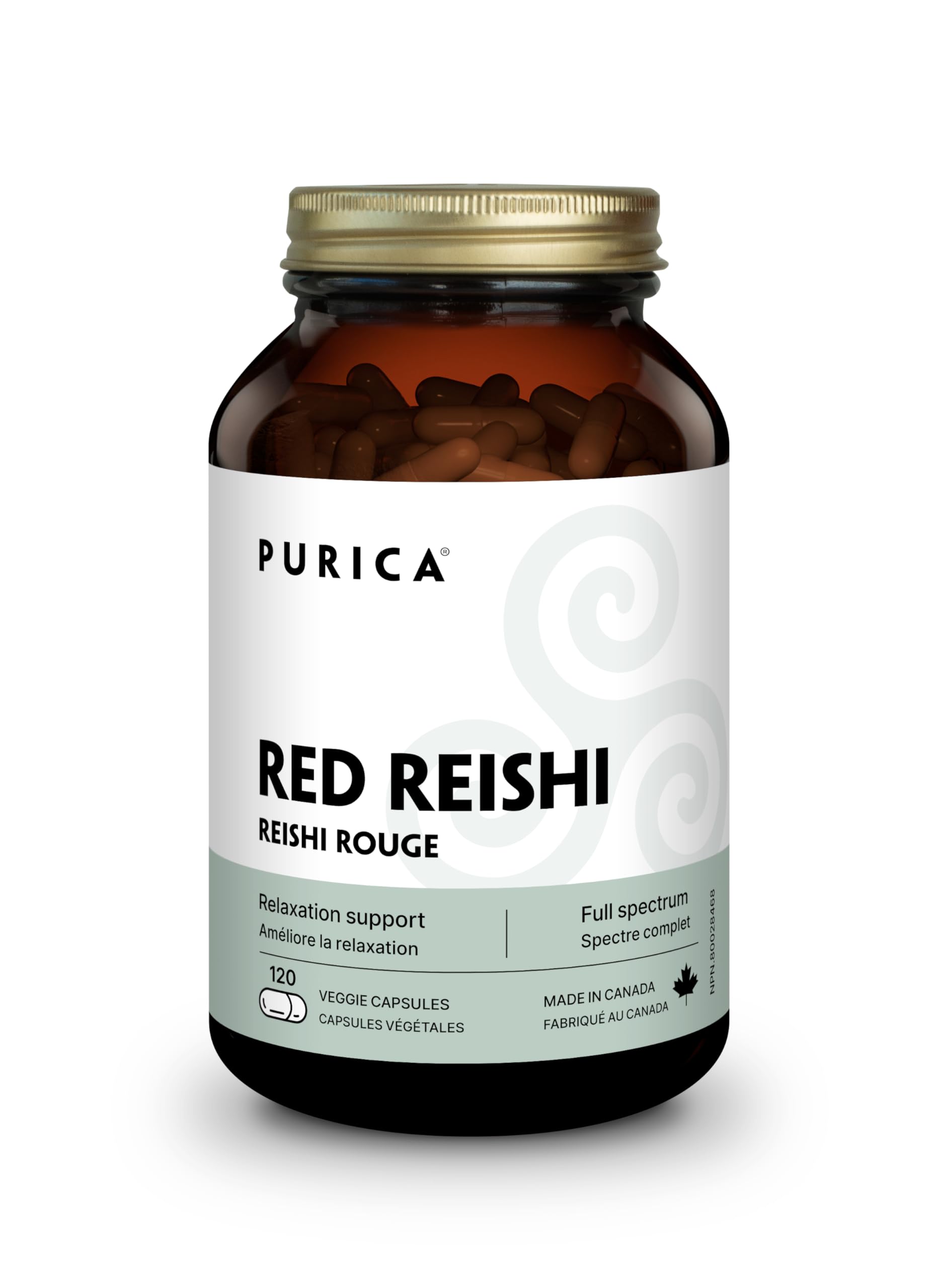 Front view of PURICA Red Reishi 120 count bottle