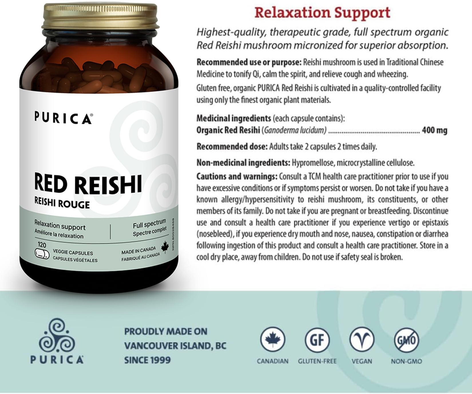Nutritional facts panel on Purica Red Reishi bottle