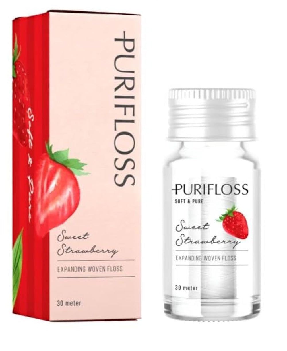 Product image: PURIFLOSS Expanding Woven Dental Floss in glass bottle packaging