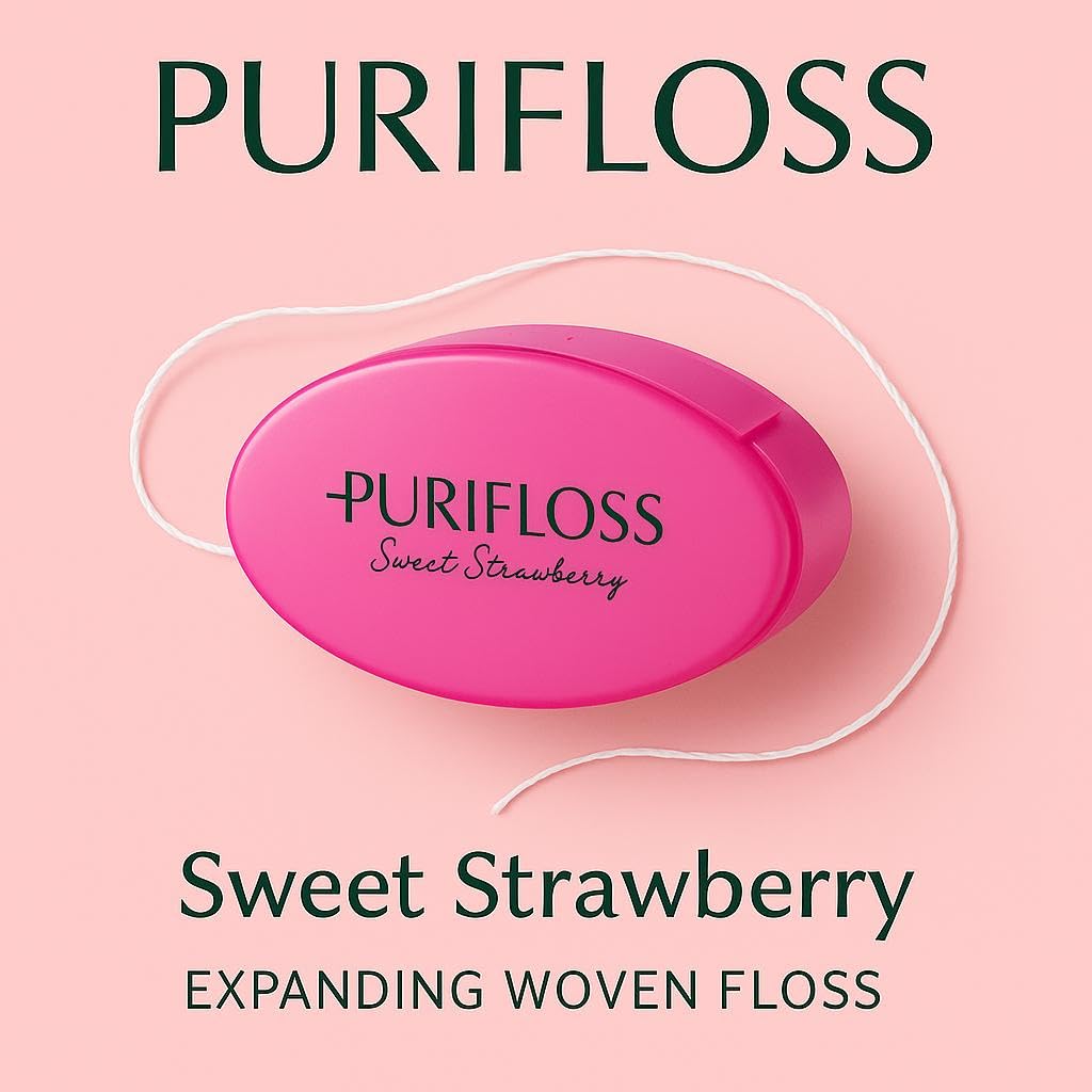 Purifloss expanding woven dental floss bottle with strawberry label