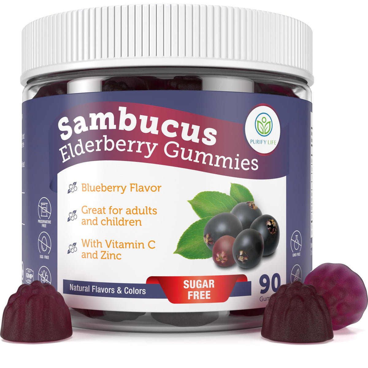 Front view of Purify Life Elderberry Gummies 90 count package