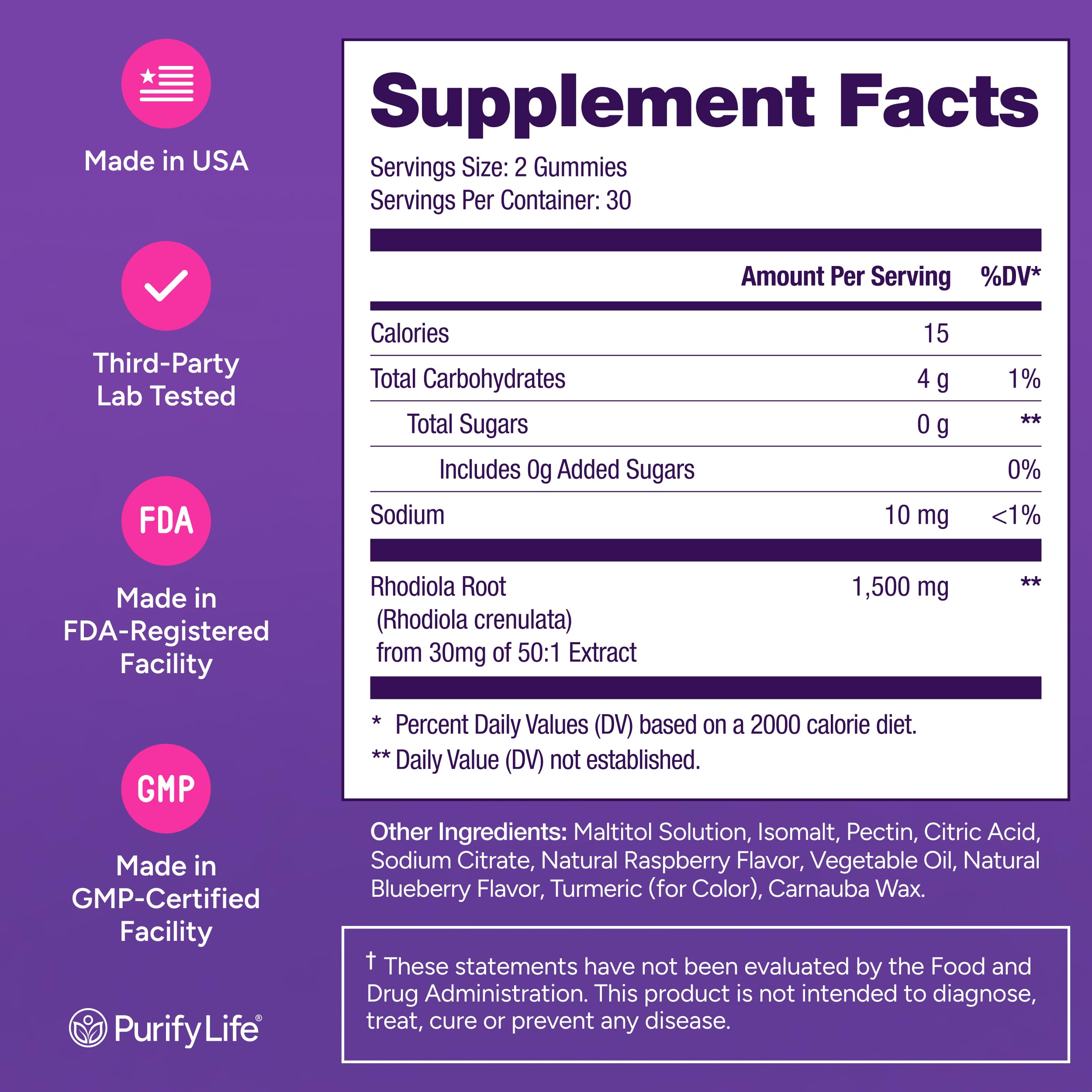Sugar-free Rhodiola Rosea Gummies in vegan non-GMO formula