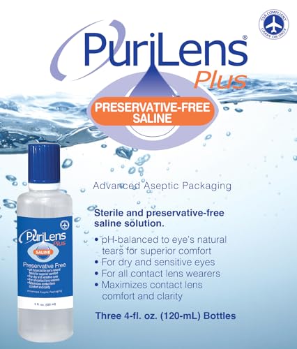 Box of three Purilens Plus saline bottles for contact lenses