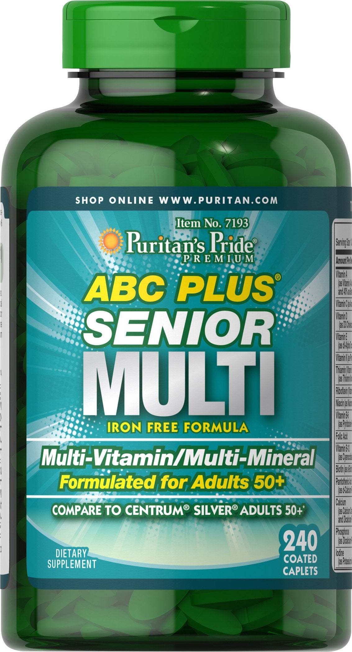 Front view of Puritan's Pride ABC Plus Senior Multivitamin bottle with 240 caplets