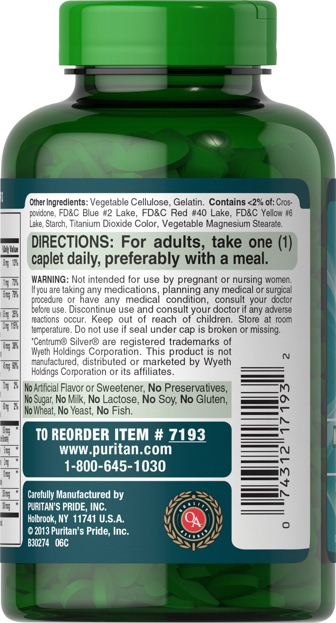 Nutritional ingredients panel for Puritan's Pride ABC Plus Senior Multivitamin