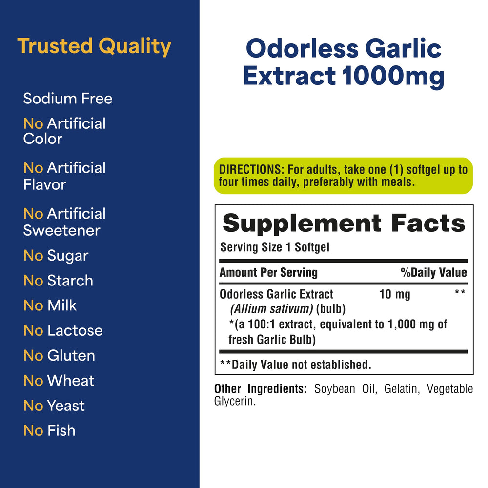 Allergen-free labeling for garlic supplement (sugar, dairy, gluten, wheat, fish, sodium-free)
