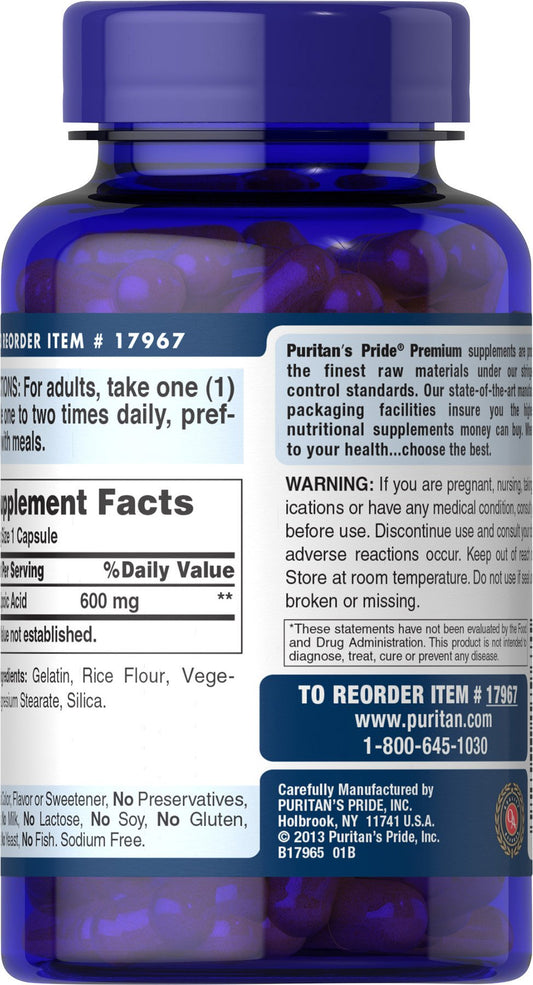 Close-up of Puritan's Pride Alpha Lipoic Acid 600 Mg capsules