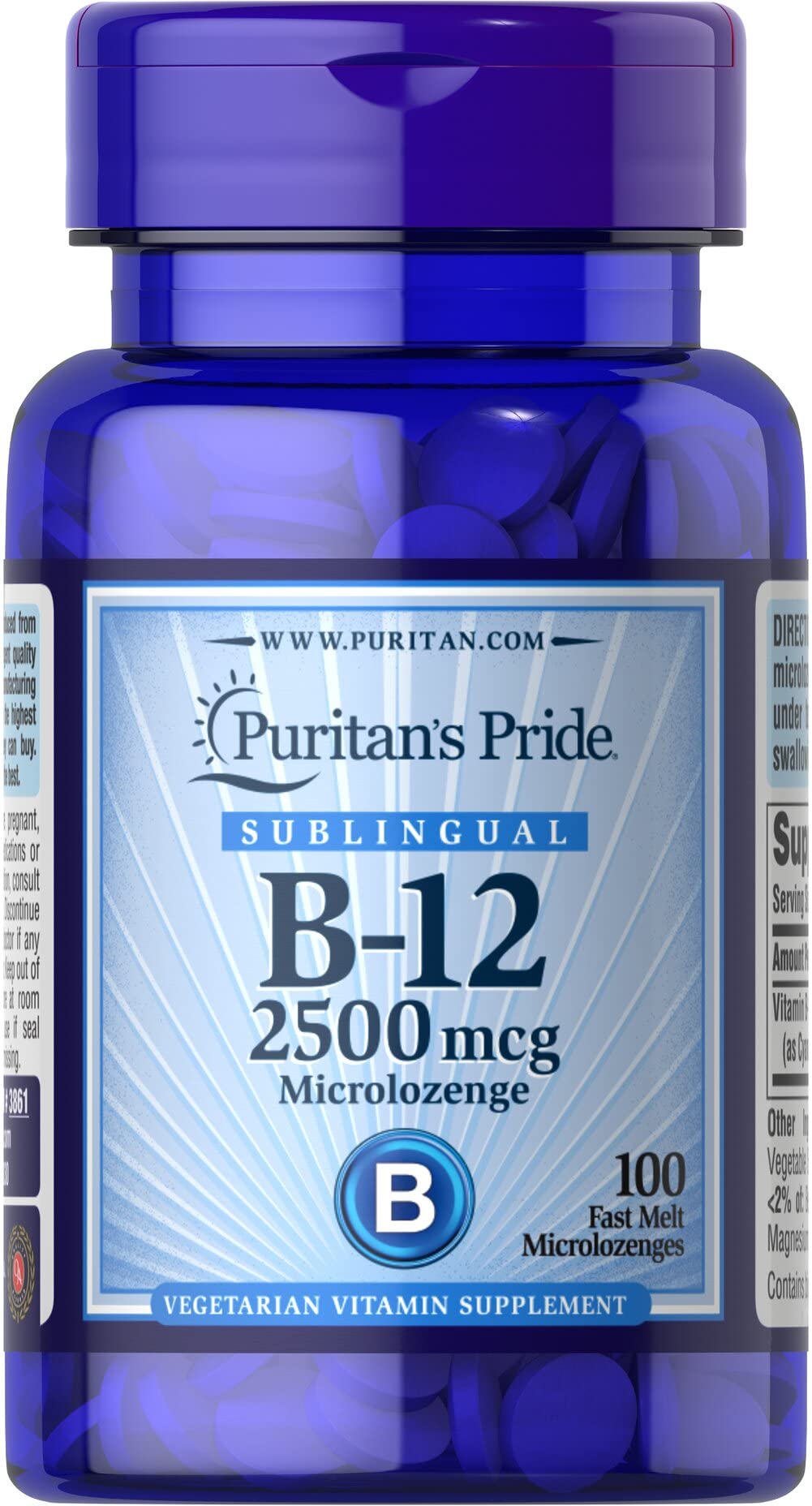Puritan's Pride Vitamin B-12 2500 mcg Microlozenges bottle label - 100 count