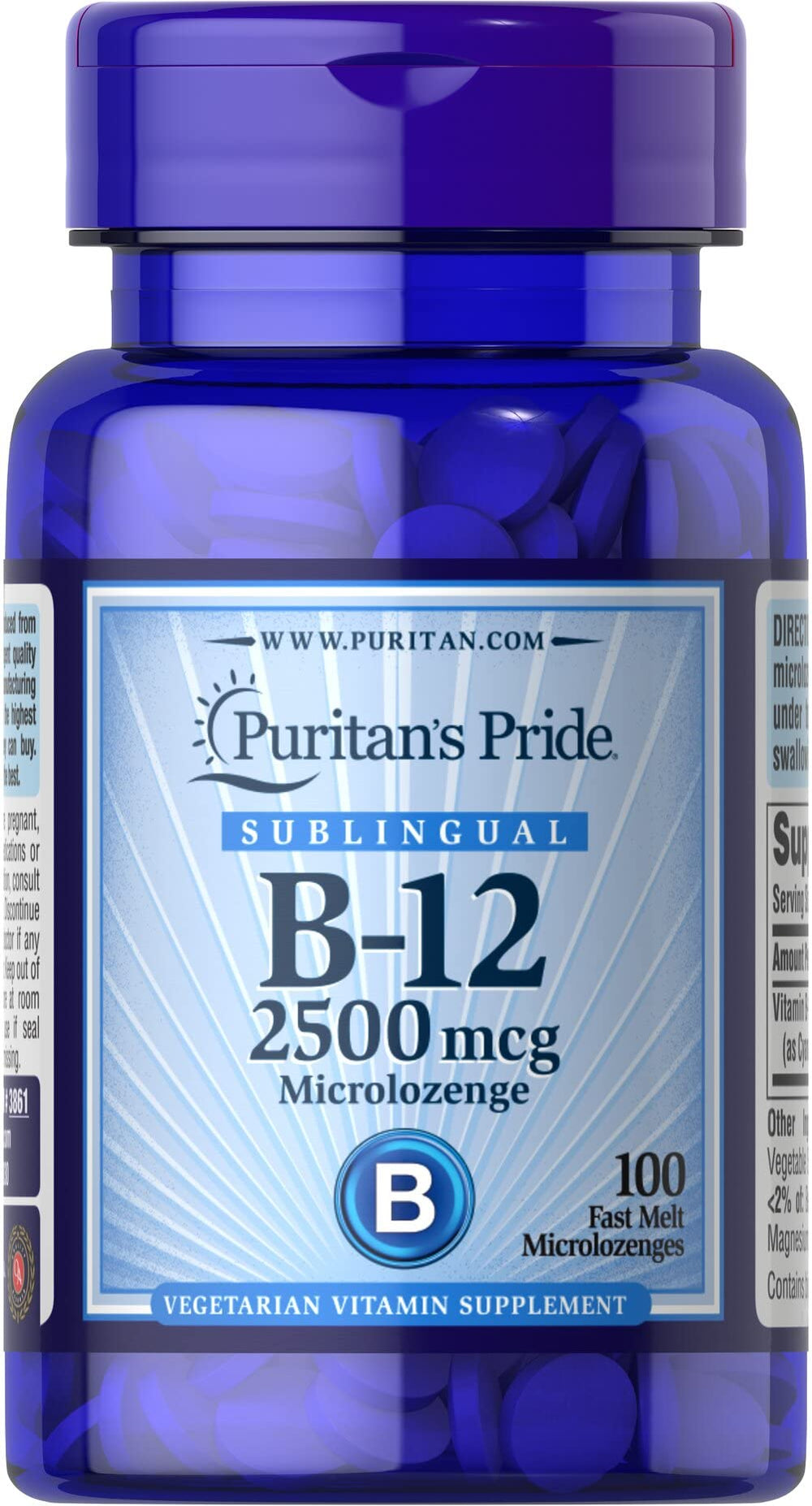 Puritan's Pride Vitamin B-12 2500 mcg Microlozenges bottle label - 100 count