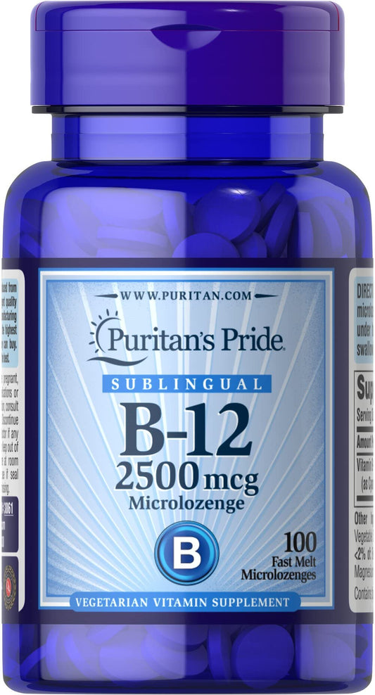 Puritan's Pride Vitamin B-12 2500 mcg Microlozenges bottle label - 100 count