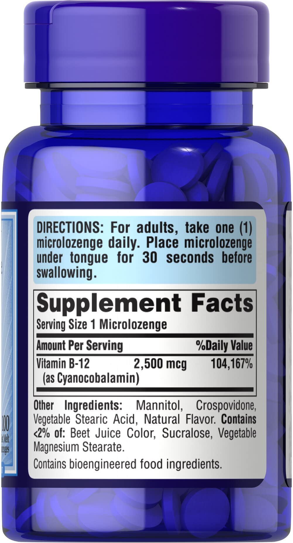 Nutrition facts and ingredients for Puritan's Pride Vitamin B-12 Microlozenges 2500 mcg