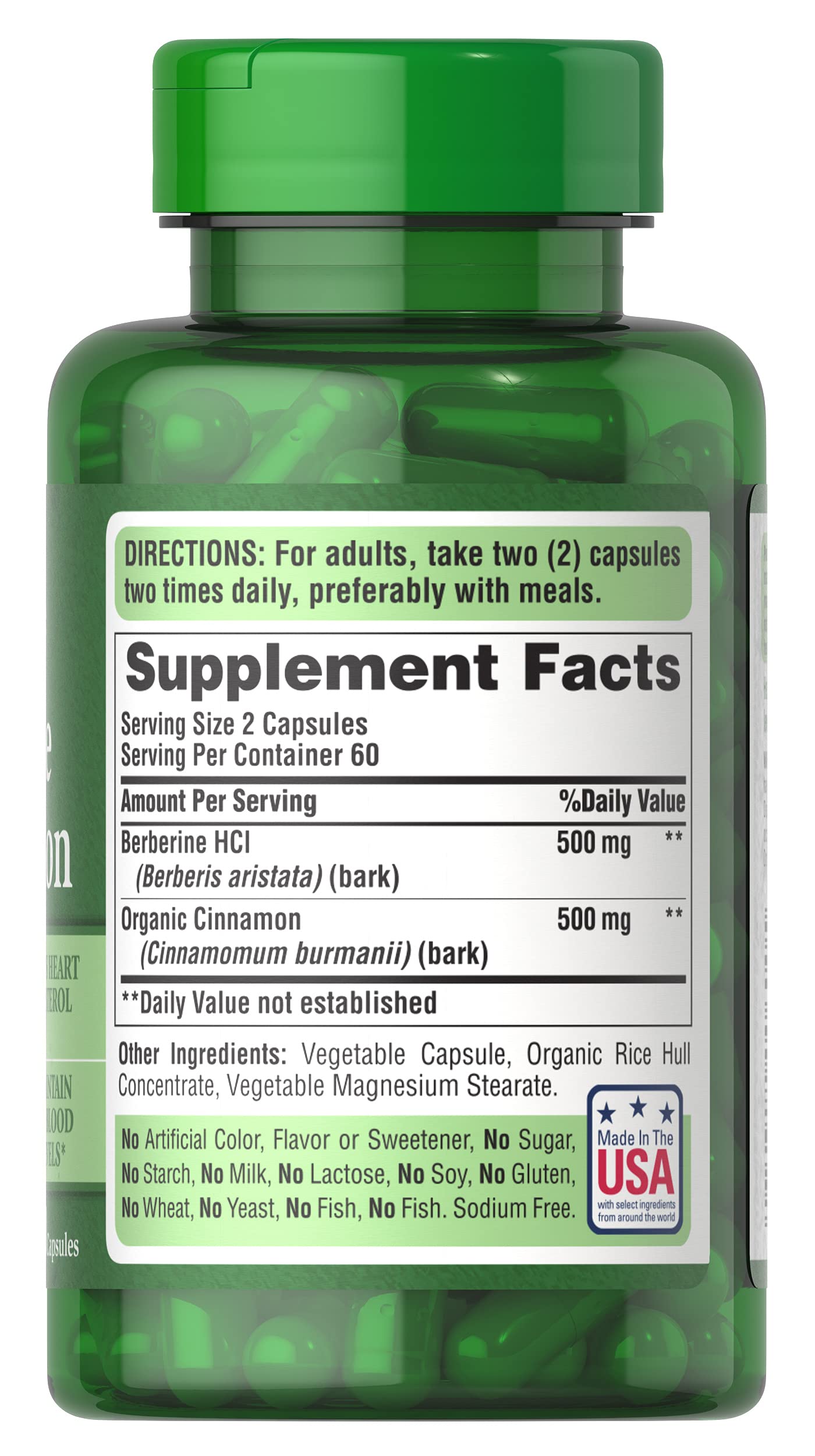 Label shows Berberine 500 mg and Organic Cinnamon 500 mg per serving