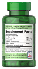 Label shows Berberine 500 mg and Organic Cinnamon 500 mg per serving