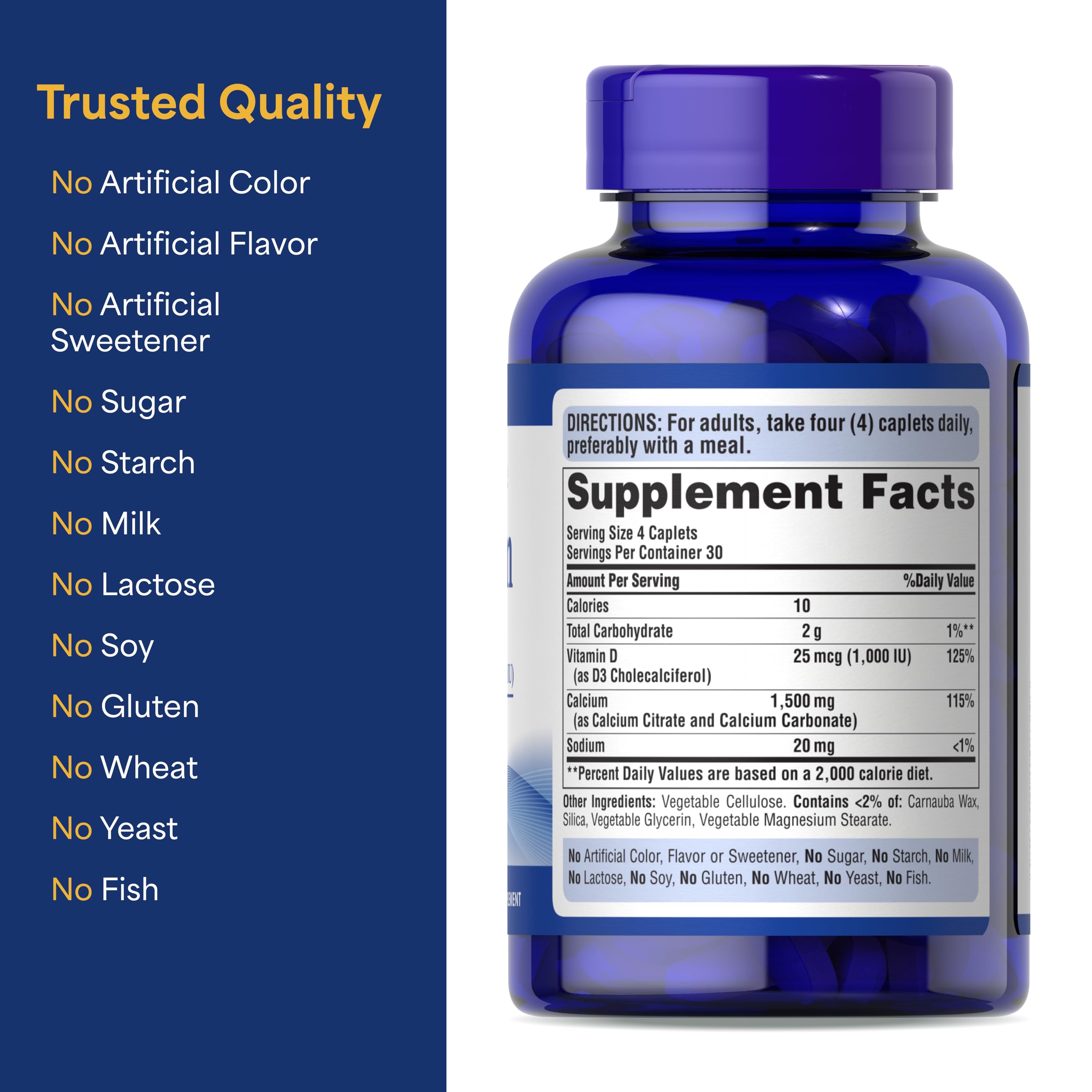 Back of Puritan's Pride Calcium with Vitamin D3 bottle showing supplement facts