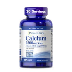 Bottle of Puritan's Pride Calcium with Vitamin D3 1500 mg 120 coated caplets