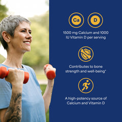 Label highlighting 1500 mg calcium and 25 mcg (1000 IU) vitamin D3