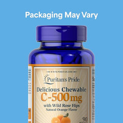 Bottle and tablets of Puritan's Pride Vitamin C 500 mg with Rose Hips