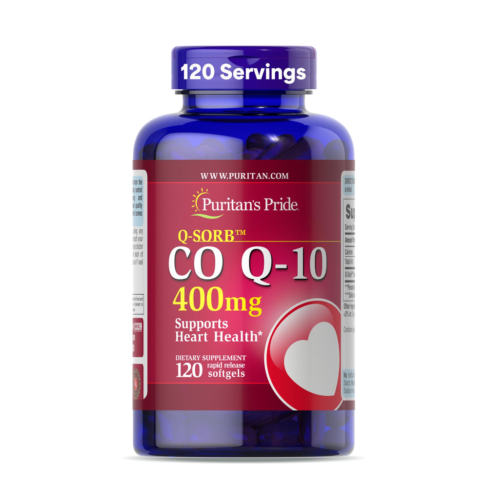 Puritan's Pride CoQ10 softgel bottle shows heart health support and daily energy potential.