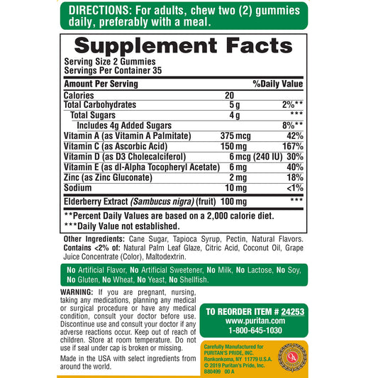 Bottle label showing elderberry with vitamin C, D and zinc