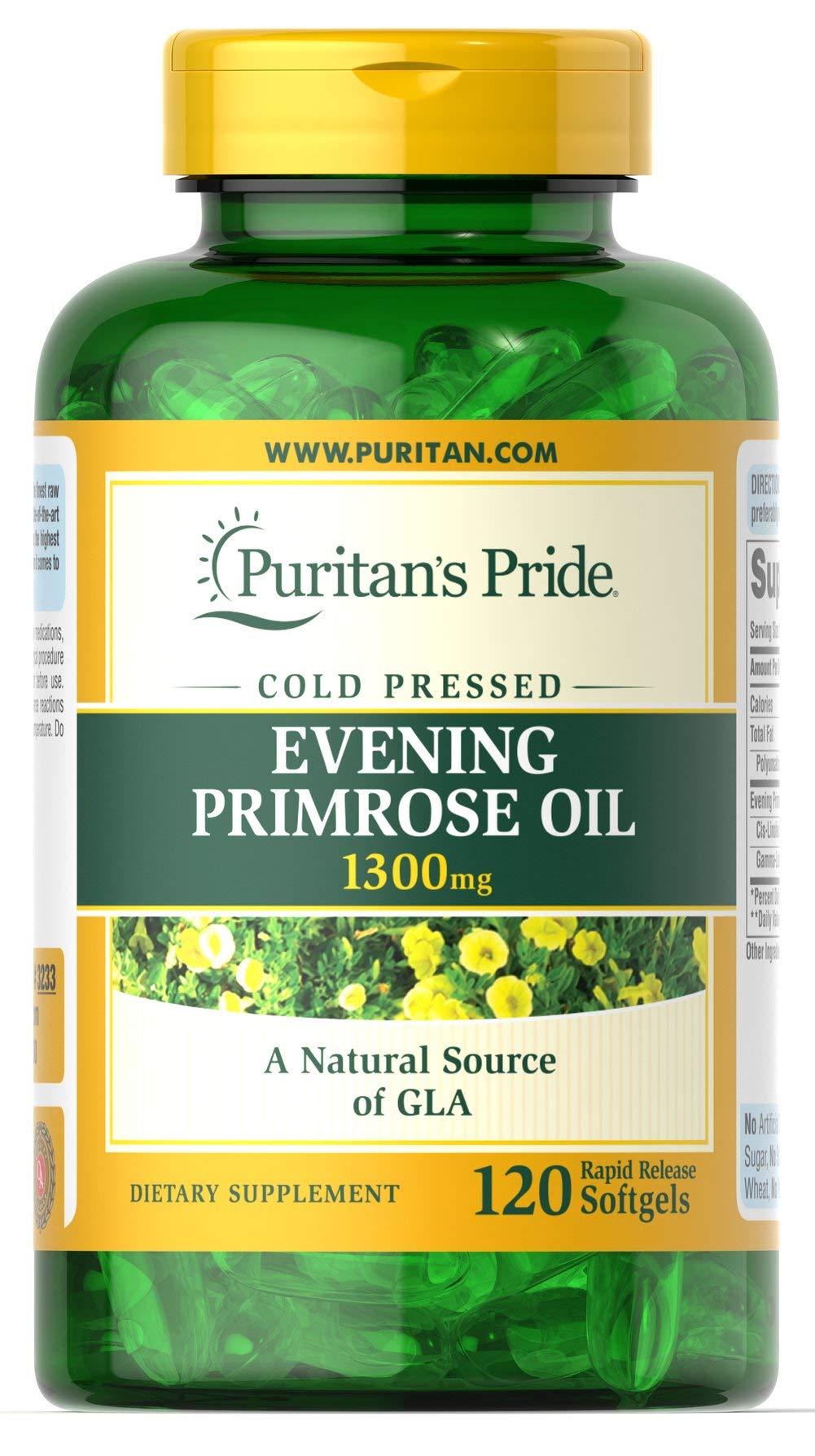 Puritan's Pride Evening Primrose Oil 1300 mg Softgels, 120 count - gluten-free and soy-free