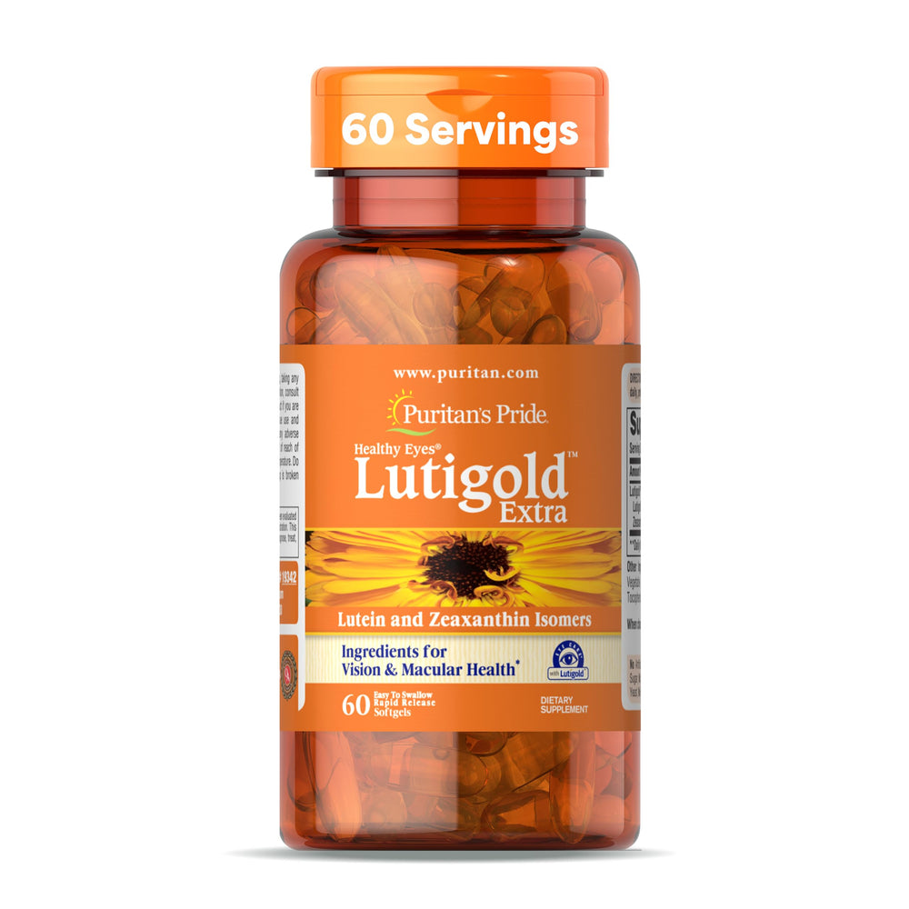 Puritan's Pride Healthy Eyes Lutigold bottle label with Lutein, Meso-Zeaxanthin, and Zeaxanthin