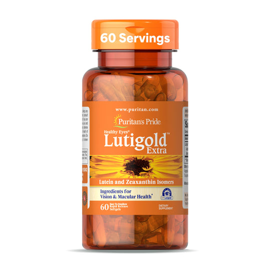 Puritan's Pride Healthy Eyes Lutigold bottle label with Lutein, Meso-Zeaxanthin, and Zeaxanthin